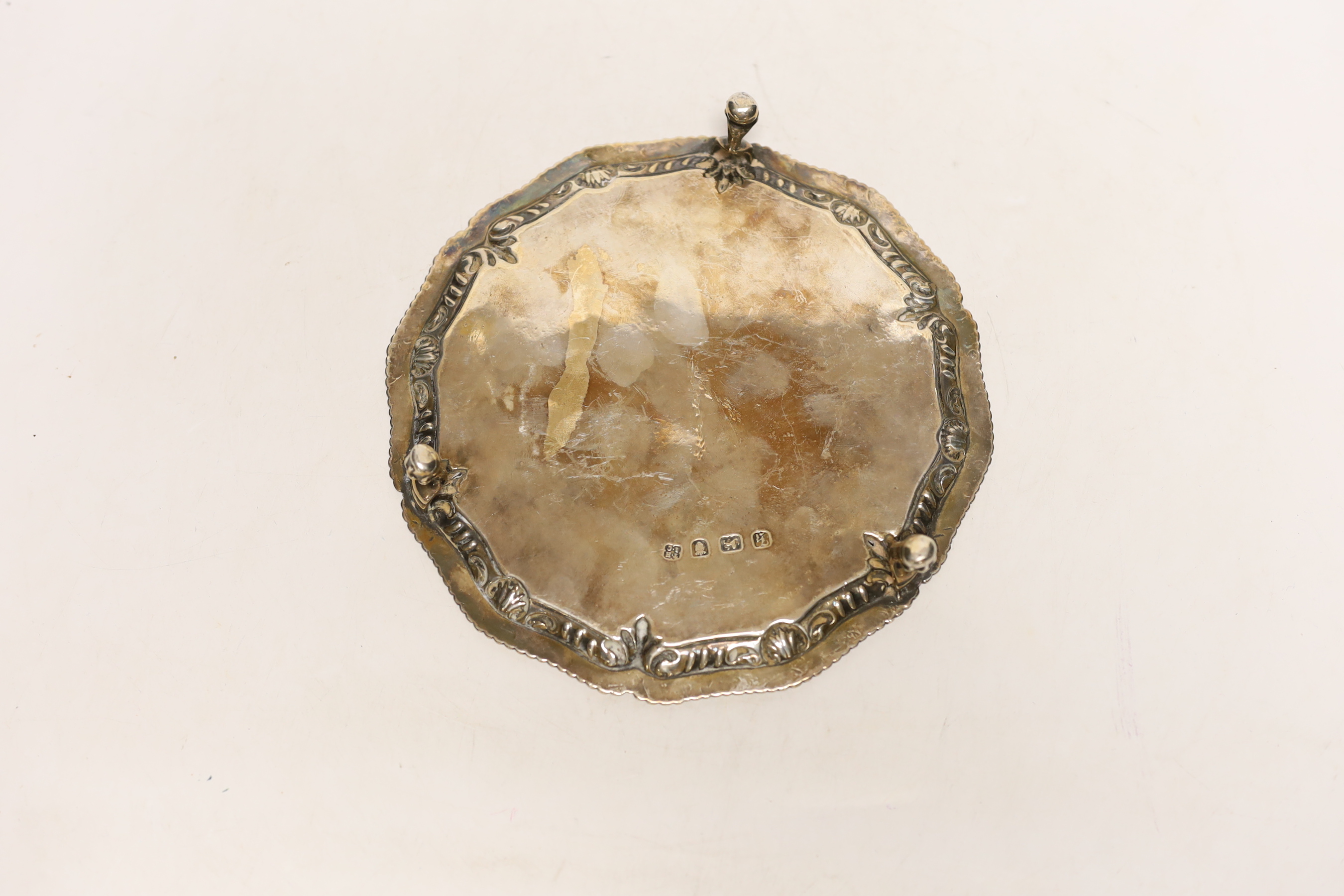 An early George III silver waiter, on three claw and ball feet, Hannam & Carter, London, 1763, 18.2cm, 8.4oz.